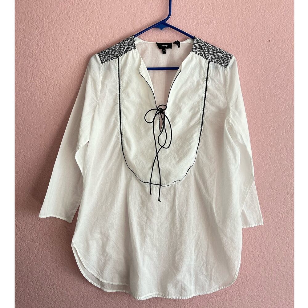 Theory White Black Cotton Lawn Jalinnie Popover Tunic V Neck Top Size Medium